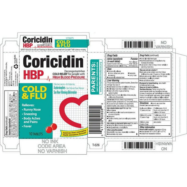 Coricidin HBP Cold & Flu Acetaminophen Pain Reliever, 10 Ct, 2 Pack