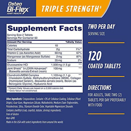 Glucosamine Chondroitin, Triple Strength by Osteo Bi-Flex W/ Vitamin C, Joint Health Supplements with Immune Support*, Gluten Free, 120 Coated Tablets