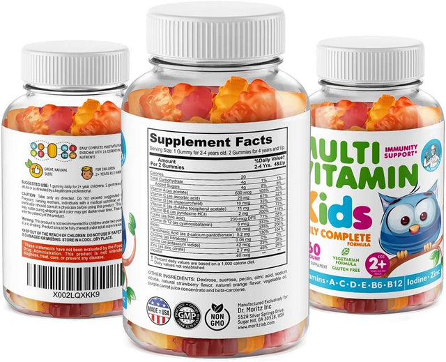 Dr. Moritz Kids Multivitamin Gummies 14 Essential Vitamins Daily Supplement for Ages 2+ Vitamin A, C, D, E Vegetarian B6 & B12, Zinc, Biotin, All Natural Chewable (120 Count)