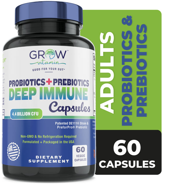 Grow Vitamin Deep Immune Probiotics & Prebiotics for Women & Men – 4.4 Billion Cfus, Helps Support Digestive & Gut Health, Immune Strength & Absorb Nutrition – 2 Daily, 60 Capsules (30 Day Supply)