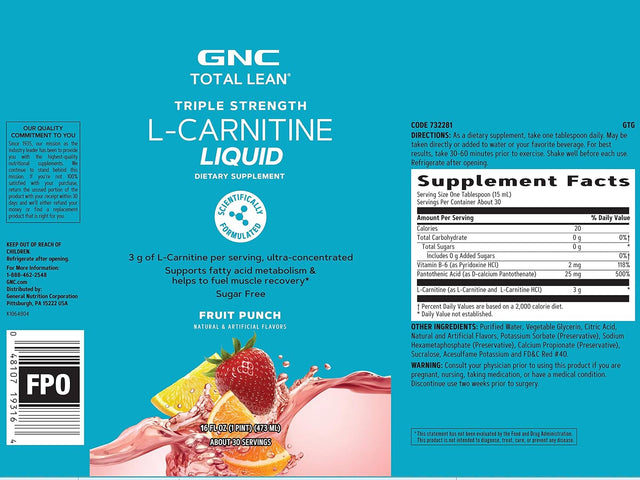 GNC Total Lean Triple Strength L-Carnitine Liquid | Supports Fatty Acid Metabolism and Helps to Fuel Muscle Recovery, Sugar Free | Fruit Punch | 16 Fl.Oz