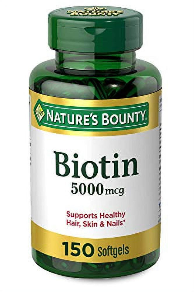 Biotin by Nature'S Bounty, Vitamin Supplement, Supports Metabolism for Cellular Energy and Healthy Hair, Skin, and Nails, 5000 Mcg, 150 Softgels