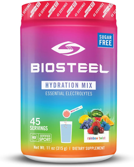 Biosteel Zero Sugar Hydration Mix, Great Tasting Hydration with 5 Essential Electrolytes, Rainbow Twist Flavor, 45 Servings per Tub