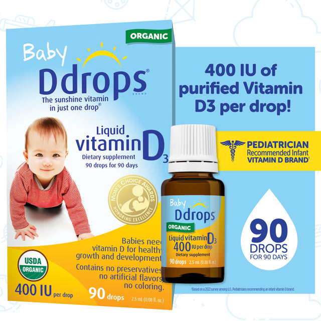 Baby Ddrops Liquid Organic Vitamin D3 Drops, 400 IU per Drop, 90 Drops, 0.08 Fl Oz