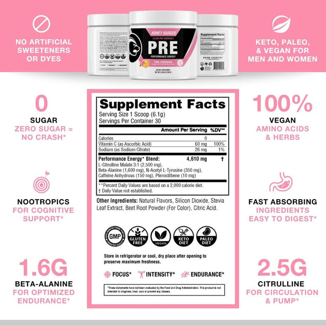 Honey Badger Pre Workout Powder, Keto Vegan Preworkout for Men & Women with Vitamin C for Immune Support, Beta Alanine & Caffeine, Sugar Free Natural Energy Supplement, Pink Lemonade, 30 Servings