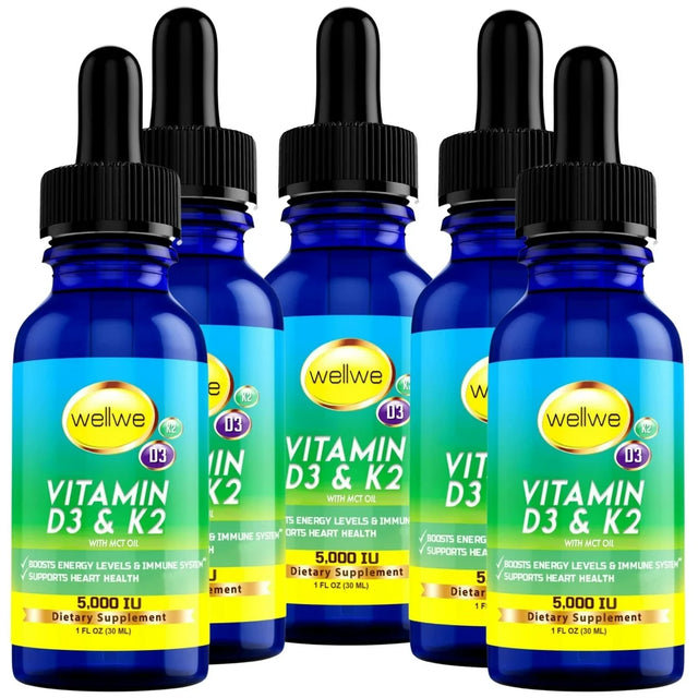 Liquid Vitamin D3 K2 Drops with MCT Oil 5000 IU - Vegan, No Taste, No Odor, Soy-Free, Non-Gmo, 1000 IU per Drop, Boosts Energy Levels & Immune System, Supports Heart & Bones Health