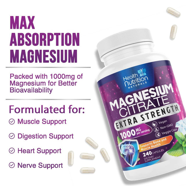 Magnesium Citrate Capsules 1000Mg - Max Absorption Magnesium Powder Capsules for Muscle, Nerve, Bone and Heart Health Support, High Absorption Citrate Complex, Gluten Free, Non-Gmo - 240 Capsules