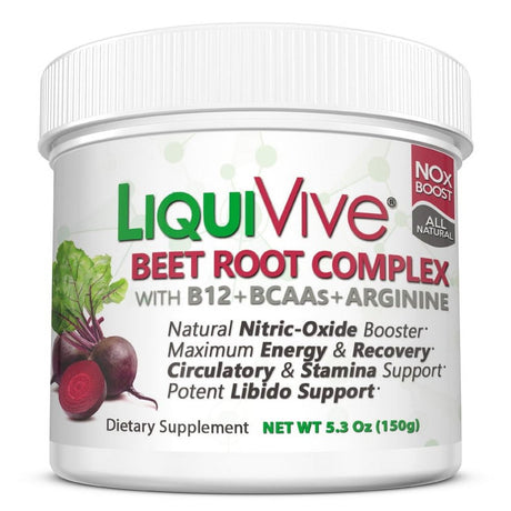 Liquivive Beet Root Juice Powder - Nitric Oxide Booster Supplement | Super Charged with BCAA Amino Acids, Vitamin B12 & L-Arginine | Non-Gmo N.O. Amino Energy Drink Mix for Endurance & Circulation