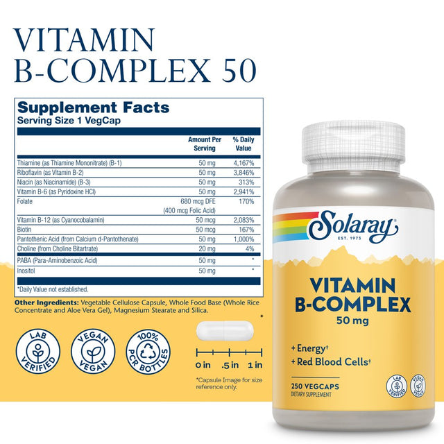 Solaray Vitamin B-Complex, Healthy Energy & Red Blood Cell Formation Support & More, 250 Servings, 250 Vegcaps