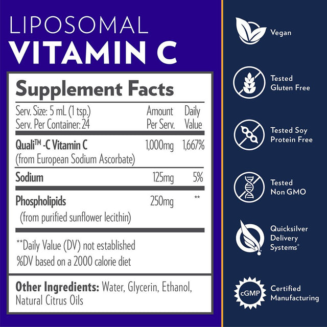 Quicksilver Scientific Liposomal Vitamin C - 1000Mg Buffered Liquid Vitamin C Supplement - Immune + Antioxidant Support - Liposomes for Superior Absorption - Vegan + Non-Gmo (4Oz / 120Ml)