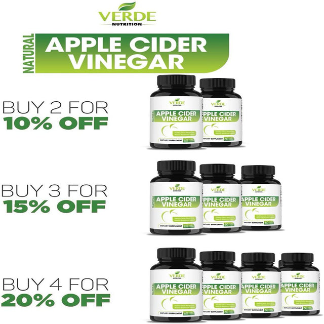 Verde Nutrition Apple Cider Vinegar Capsules 60 Potent 500Mg Colon Cleanser| Non-Gmo, Tasteless Appetite Suppressant | Natural Detox Cleanse for Weight Loss Pills, Digestive, Immune & Energy Boosting