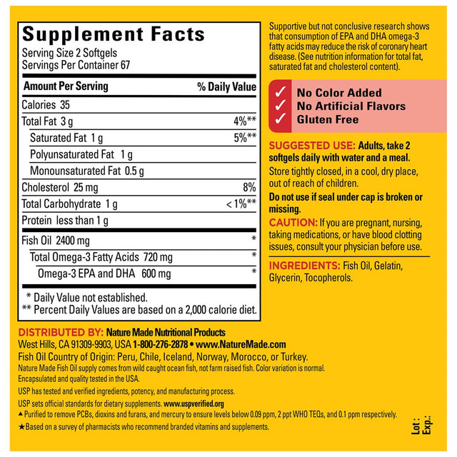 Nature Made Fish Oil 2400Mg per Serving Softgels, Omega 3 Fish Oil Supplements, 134 Count