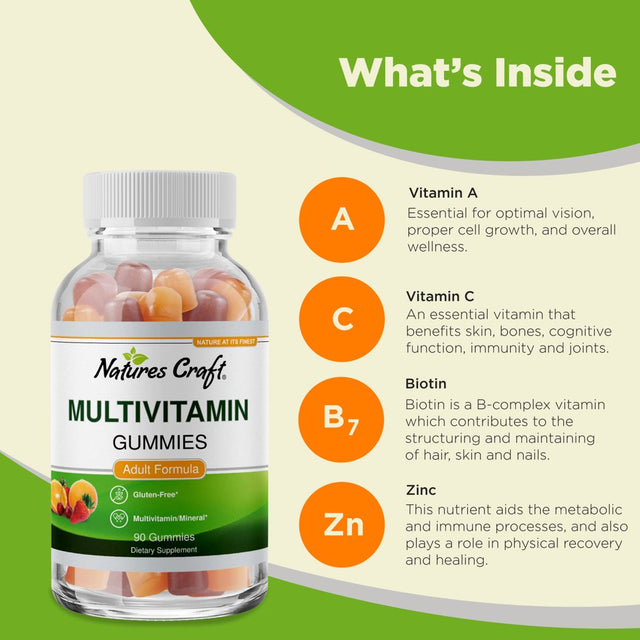 Multivitamin Gummies for Women & Men with the Perfect Blend of Vitamin a C D E B 12 & Zinc Biotin - Gummy Vitamins for Adults to Improve Immunity & Hair Growth - 90 Gluten & Gelatin-Free Gummies