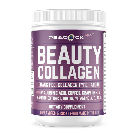 Beauty Collagen Protein Powder Hydrolyzed Type I, III Peptides Grass Fed Non-Gmo Hyaluronic Acid, Copper, Grape Seed, Bamboo Extract, Biotin Vitamin a C D3 E Unflavored Anti-Aging Skin Hair Nail 12Oz