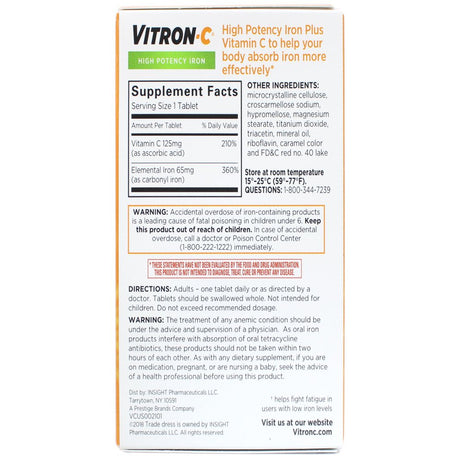 Vitron-C High Potency Iron Supplement with 125 Mg Vitamin C, Dye Free, Vegan, Gluten Free, 60 Count