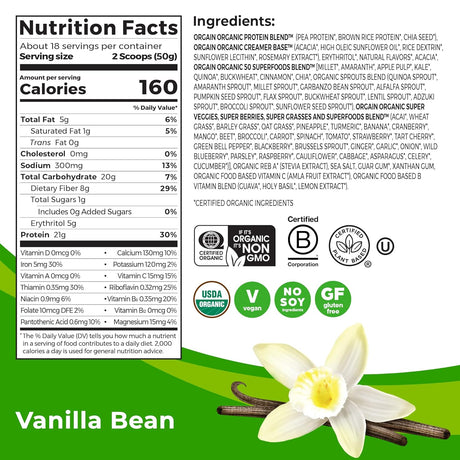 Orgain Organic Protein + Superfoods Powder, Vanilla Bean - 21G of Protein, Vegan, Plant Based, 5G of Fiber, No Dairy, Gluten, Soy or Added Sugar, Non-Gmo, 2.02Lb