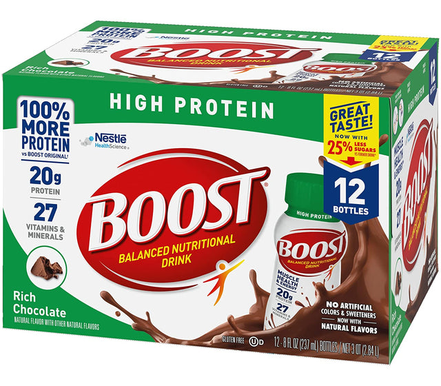 Boost High Protein Balanced Nutritional Drink, Rich Chocolate, Muscle Health & Energy with Protein, Vitamins & Minerals, 25% Less Sugars, 8 FL OZ Bottles, 12 CT