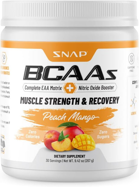 Snap Supplements Plant-Based BCAA Powder with Nitric Oxide Booster, No Artificial Flavors, Support Muscle Strength and Recovery, 30 Servings, Peach Mango