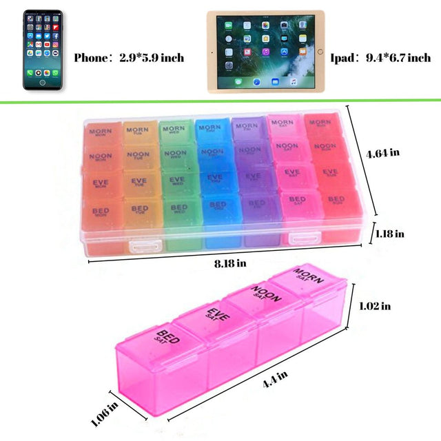 Pill Organizer 4 Times a Day,Weekly Pill Box Medicine Organizer Box 7 Days 28 Compartment to Hold Vitamins, Medication