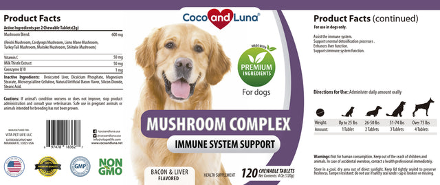 Coco and Luna Mushroom Complex Immune Support for Dogs 120 Chewable Tablets