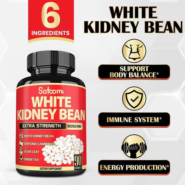 Pure White Kidney Bean Extract Capsules - 6 Herbal Ingredients 9050 Mg Equivalent - Support Carb Management, Starch Blocking with Coffee Bean & Green Tea - 90 Vegan Capsules for 3 Months