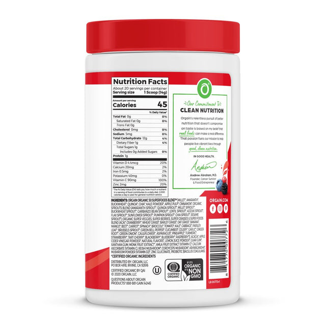 Orgain Organic Greens Powder + Immunity, 50 Superfoods, 1B Probiotics, Apple 0.62Lb