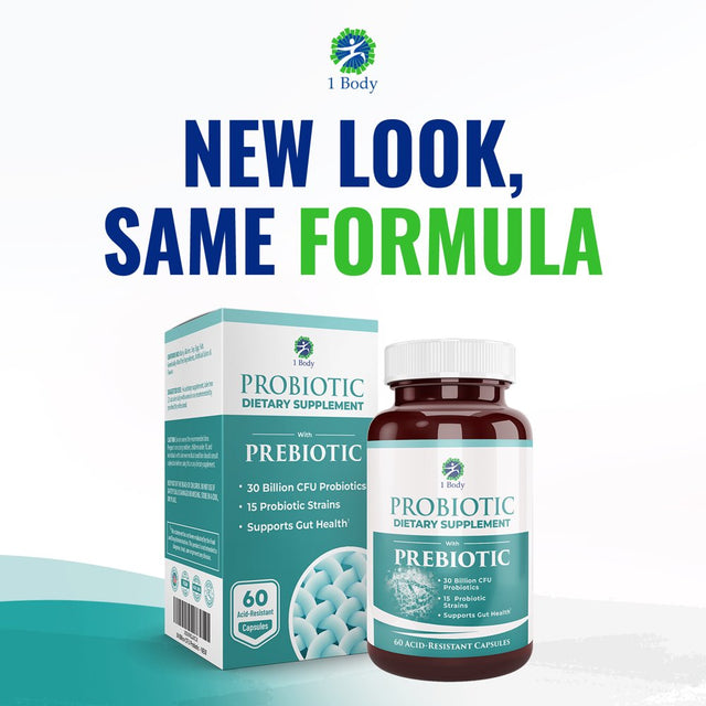 (2 Bottles) 1 Body Probiotic 30 Billion CFU Supplement with Prebiotics with 120 Acid Resistant Vegan Capsules to Promote Gut Health & Support Immune System for Men and Women