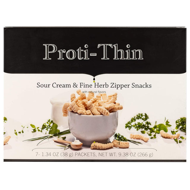 Proti-Thin High Protein Sour Cream & Fine Herb Zipper Snacks, 15G Protein, Low Calorie, Low Fat, Low Sugar, No Gluten Ingredients, Aspartame Free, Ideal Protein Compatible, 7 Count Box