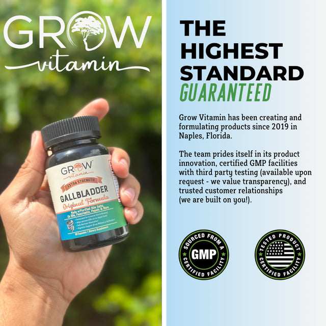 Grow Vitamin Gallbladder Formula Extra Strength - Made W/Purified Bile Salts & Ox Bile Digestive Enzymes - Includes Carefully Selected Digestive Herbs - Full 45 Day Supply - 90 Capsules