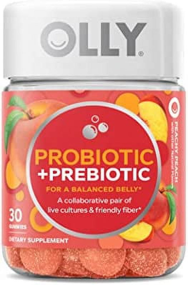 OLLY Probiotic + Prebiotic Gummy, Digestive Support and Gut Health, 500 Million Cfus, Fiber, Adult Chewable Supplement for Men and Women, Peach, 30 Day Supply - 30 Count Probiotic + Prebiotic Bottle