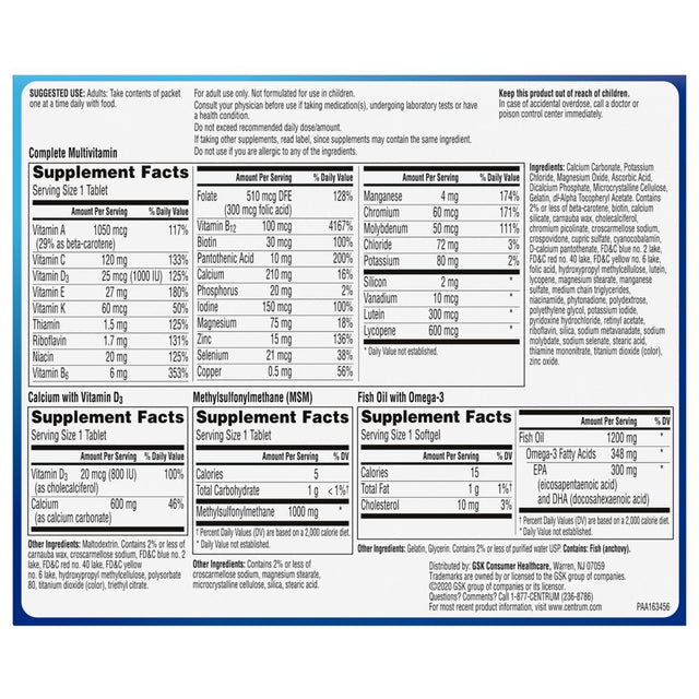 Centrum Wellness Packs Daily Vitamins for Men in Their 50S, with Calcium Carbonate, Fish Oil - 30 Packs