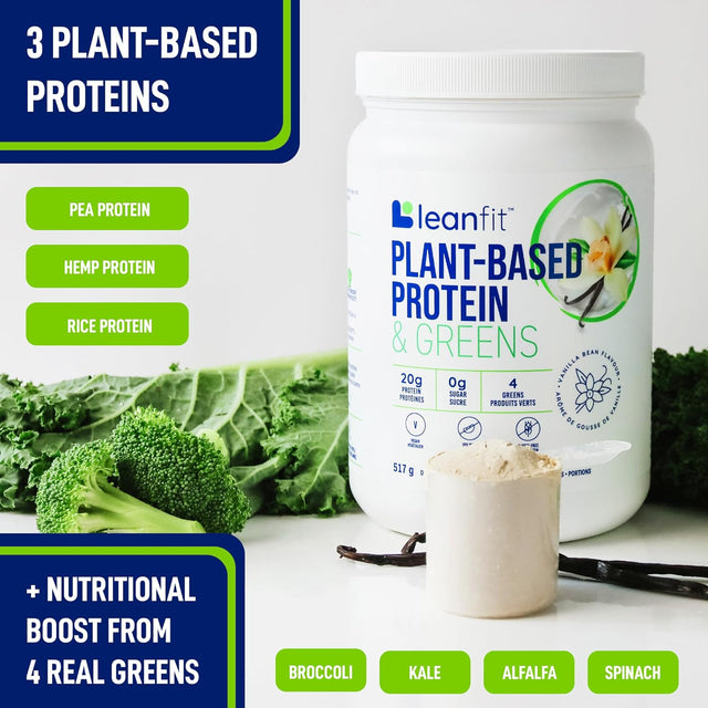 Leanfit Plant-Based Protein & Greens Natural Vanilla – 20G Plant Protein + 4 Leafy Greens per Serving – Vegan, Gluten-Free, Soy-Free, No Sugar – 19 Servings, 1.21 Pound Tub