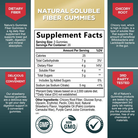 Nature'S Gummies Fiber Supplement - Max Strength 4G of Natural Soluble Prebiotic Fiber, Supports Digestive Health & Regularity, Non-Gmo, Chicory Gummy Supplements for Adults, Berry Flavor, 60 Gummies