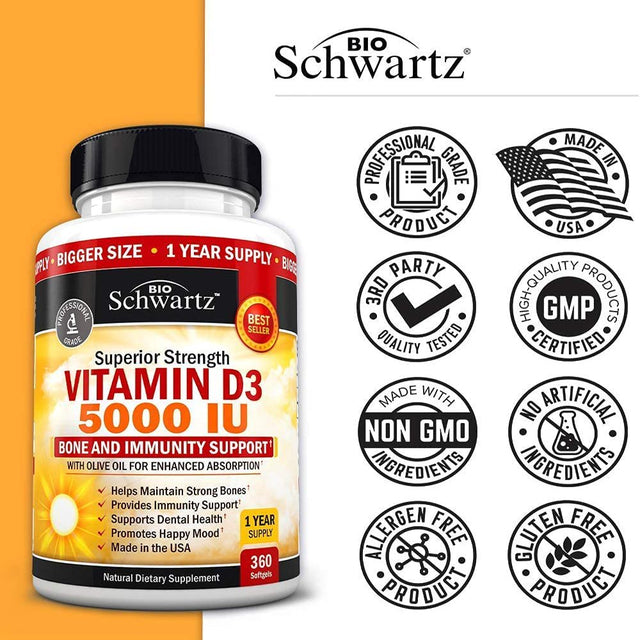 Bioschwartz Vitamin D3 5000 IU | Bone Strength and Immunity Support | Gluten Free & Non-Gmo 360 Ct