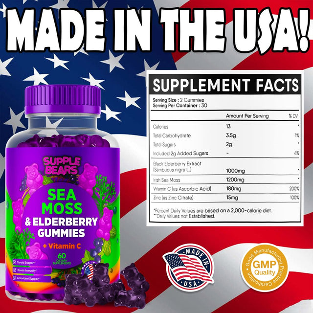 Supplebears Sea Moss Gummies & Elderberry - Vitamin C + Zinc - Extra Strength Immune & Thyroid Support Booster Gummy Bears for Kids & Adults - 60 Seamoss Gummies - Made in the USA