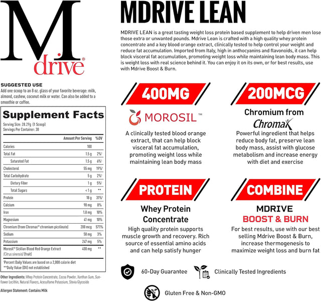 Mdrive Lean for Men, Protein Powder for Supporting and Preserving Lean Muscle Mass, Morosil Sicilian Blood Orange Extract, Chromax, Whey Protein, Blood Orange Chocolate Flavor, 30 Servings, 30Oz