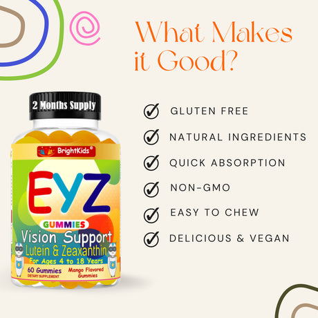 Lutein & Zeaxanthin Eye Vitamins for Kids, Delicious Vegan Eye Health Vitamins with Lutein and Zeaxanthin Gummy Vitamins for Kids Eye Care, Lutein Gummies for Vision 60 Gummies