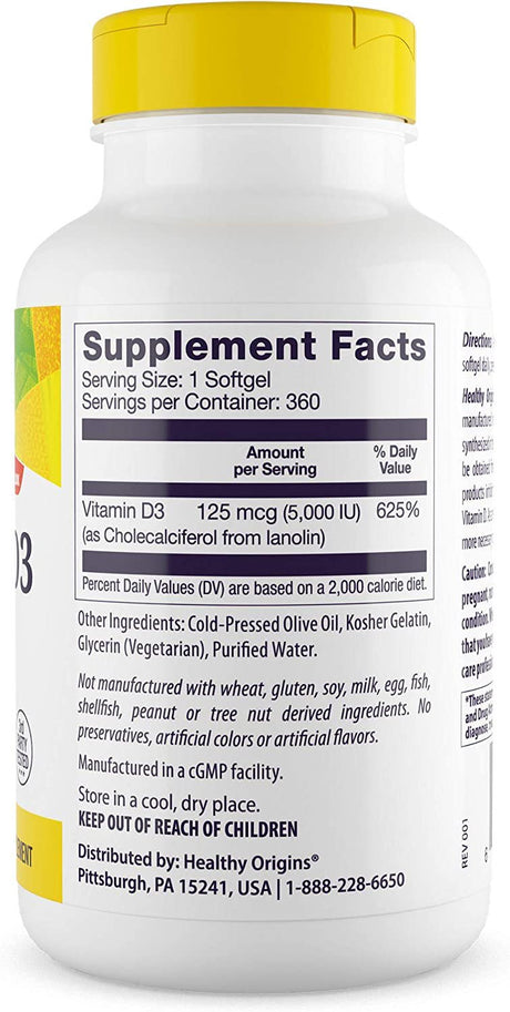 Healthy Origins Vitamin D3 5,000 IU (Non-Gmo, High Potency, Bone Support, Immune Support, Gluten Free), 360 Softgels