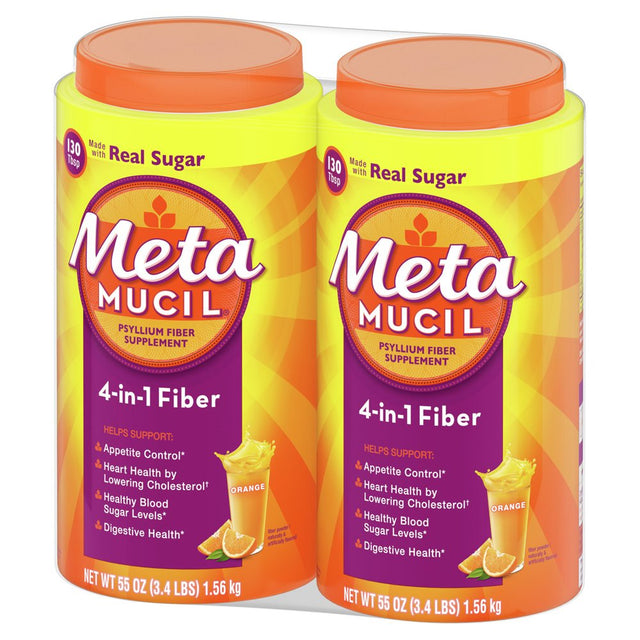 Metamucil Psyllium Fiber Supplement, 4-In-1 Fiber, Real Sugar Powder, Orange, 55 Oz, Twin Pack