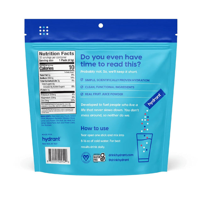 Hydrant Hydrate, No Added Sugar, Electrolyte Powder Rapid Hydration Mix, Hydration Powder Packets Drink Mix, Helps Rehydrate Better than Water (Watermelonade, 30 Count)