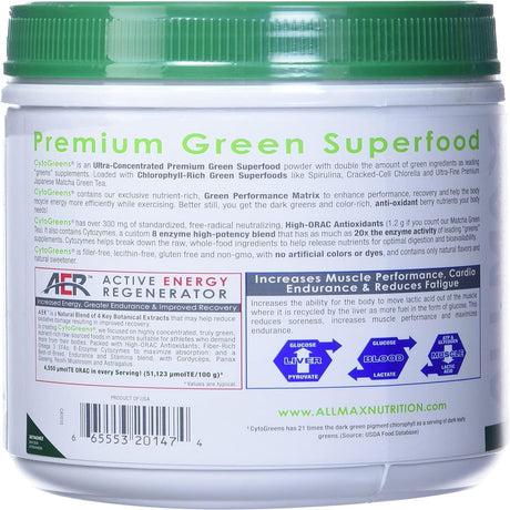 ALLMAX CYTOGREENS, Acai Berry Green Tea - 1.2 Lbs - Supports Performance, Recovery & Energy - with Spirulina, Chlorella, Spinach, Barley Grass & Green Tea - 60 Servings Acai Berry Green Tea 1.18 Pound (Pack of 1)