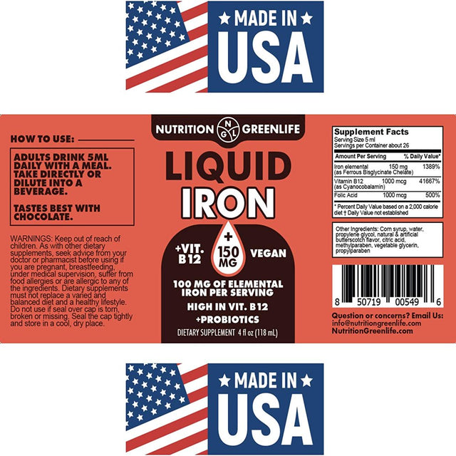 Liquid Iron Highest Concentration 150Mg Vegan + Vitamin B12, Folic Acid Supplement 4 Fl Oz (23 Servings)