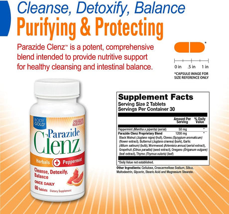 Body Gold Parazide Clenz Herbals & Peppermint | Intestinal Cleanse & Detox W/Black Walnut & More | 30 Serv, 60 Tablets