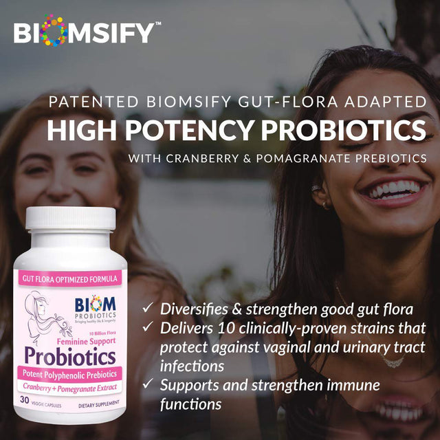 Biom Probiotics Complete Feminine Balance Women'S Daily Probiotics + Prebiotics with Organic Cranberry and Pomegranate, 30 Capsules