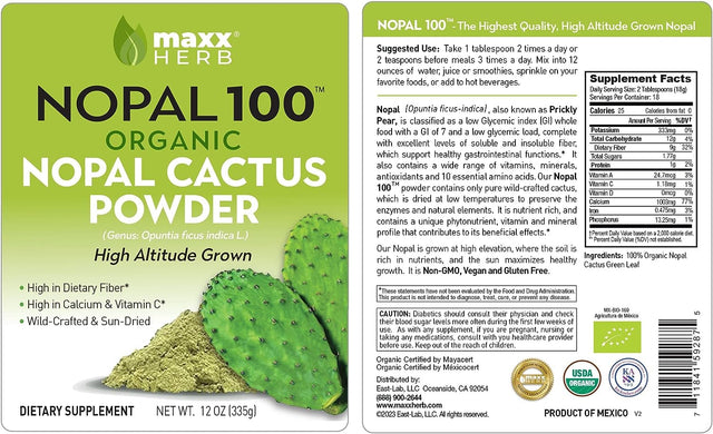 Maxx Herb Organic Nopal Cactus Powder, for Healthy Digestion & Immune Support, High in Dietary Fiber, & Calcium, Vegan, Non-Gmo and Gluten Free - 12 Oz Bag