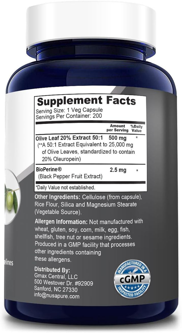 Nusapure 25,000Mg, 200 Caps Olive Leaf Extract: Non-Gmo, 20% Oleuropein, Vegetarian, Super Strength, Oil-Free, Dietary Supplement for Unisex Adult Health & Wellness