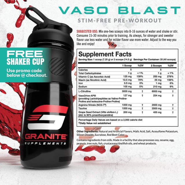 Granite® Vaso Blast Advanced 'Stim-Free' Pre-Workout (Cherry Lime) | Supports Vasodialation, NO Conversion, & ACE Inhibition for Max Pump with Grapeseed Extract, Arginine Nitrite, & Vasodrive-Ap®