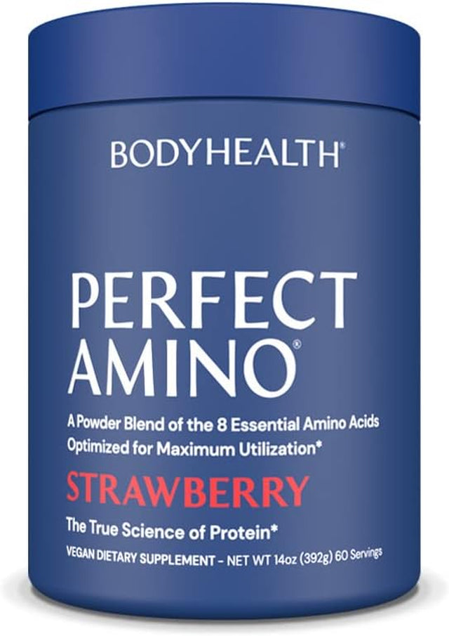 Bodyhealth Perfectamino Powder Strawberry (60 Servings) Best Pre/Post Workout Recovery Drink, 8 Essential Amino Acids Energy Supplement with 50% Bcaas, 100% Organic, 99% Utilization