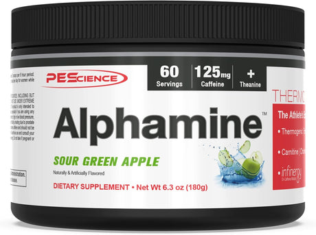 Pescience Alphamine, Sour Green Apple, 60 Scoops, Thermogenic Energy Powder with L-Carnitine