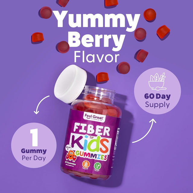 Feel Great Fiber Gummies for Kids Digestive Support | Constipation Relief for Kids | Fruity Flavored Chewable Kids Fiber Gummies | Vegetarian Supplements | 60 Day Supply